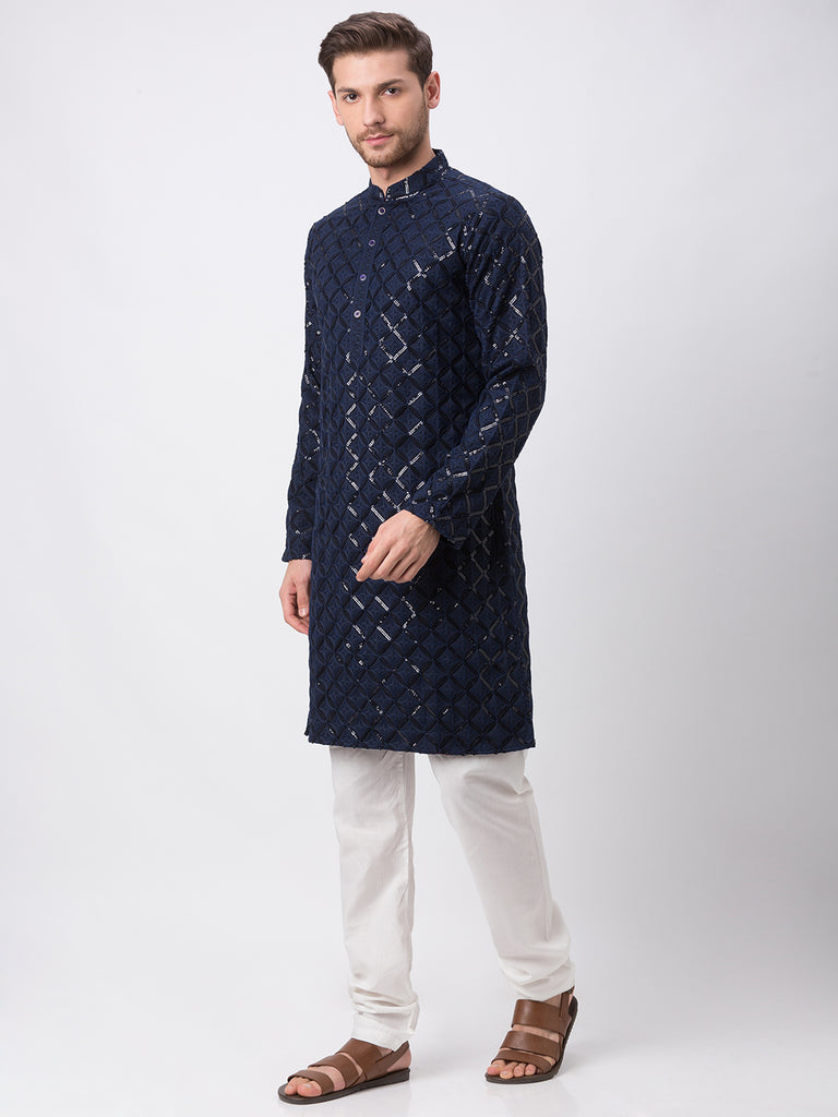 Men Straight Full Sleeve Navy Kp Set