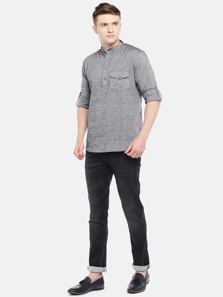 Men Straight Full Sleeve Grey Kurta