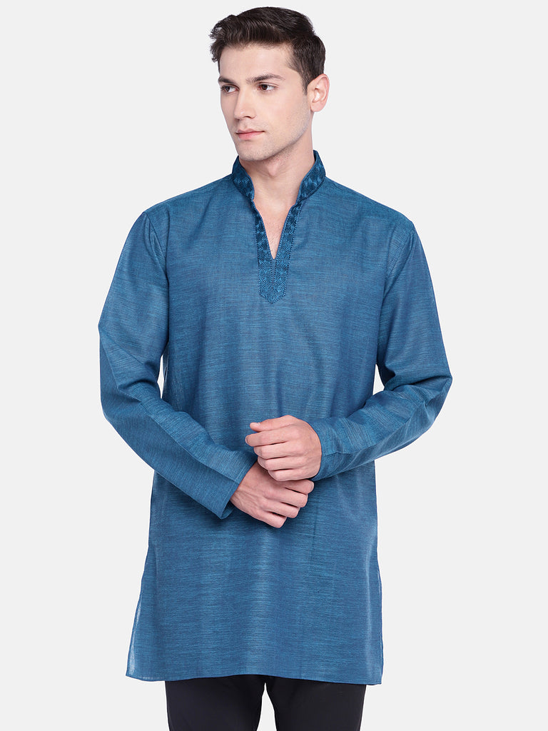Men Straight Full Sleeve Blue Kurta