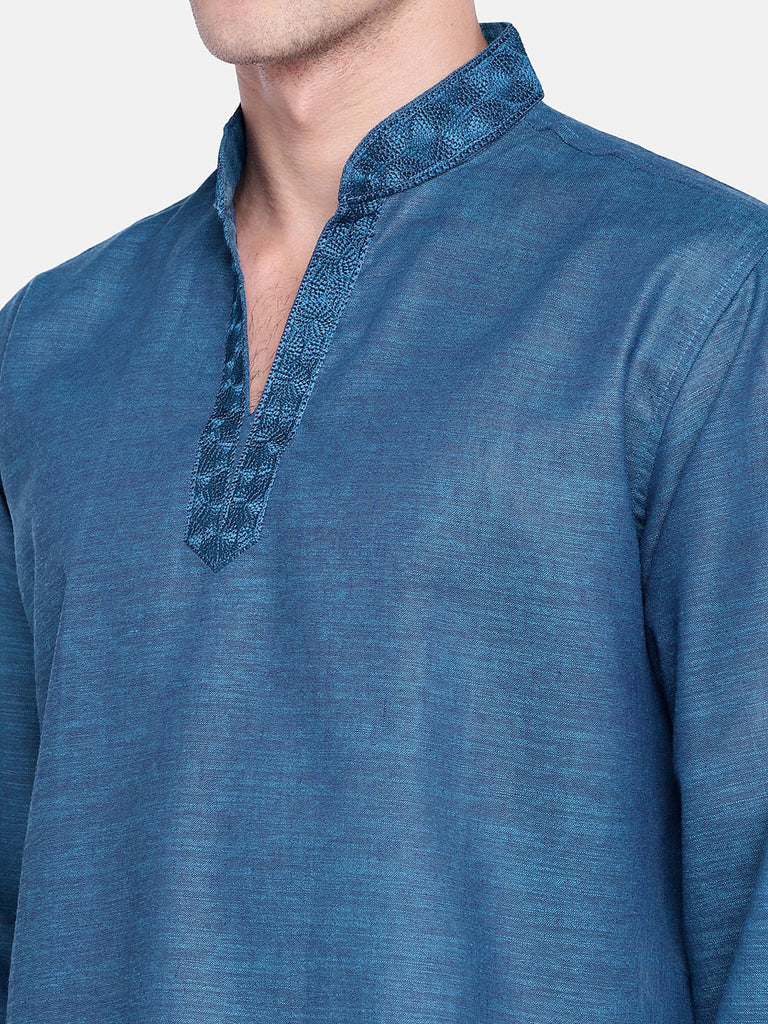 Men Straight Full Sleeve Blue Kurta