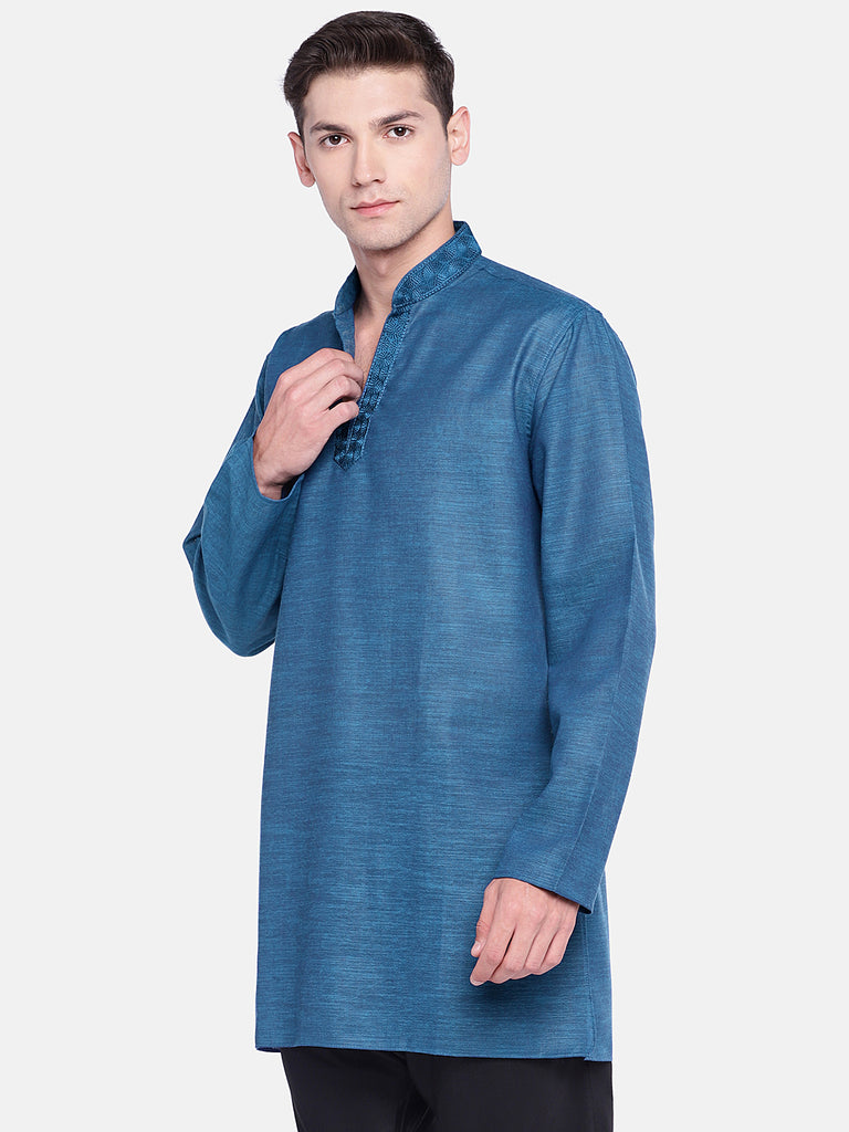 Men Straight Full Sleeve Blue Kurta