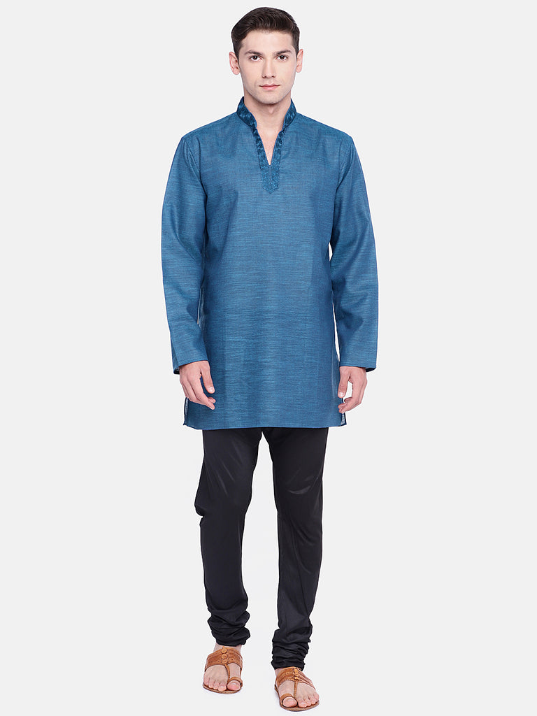 Men Straight Full Sleeve Blue Kurta