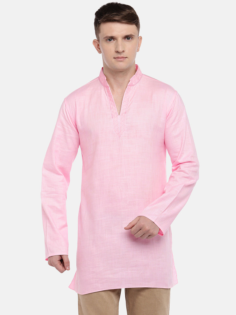 Men Straight Full Sleeve Pink Kurta