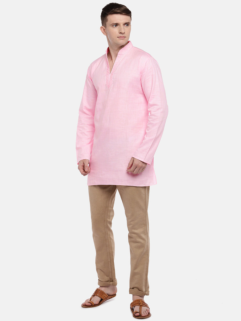 Men Straight Full Sleeve Pink Kurta