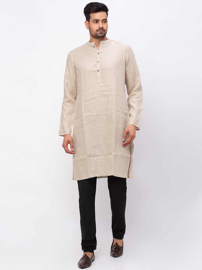 Men Straight Full Sleeve Beige Kurta