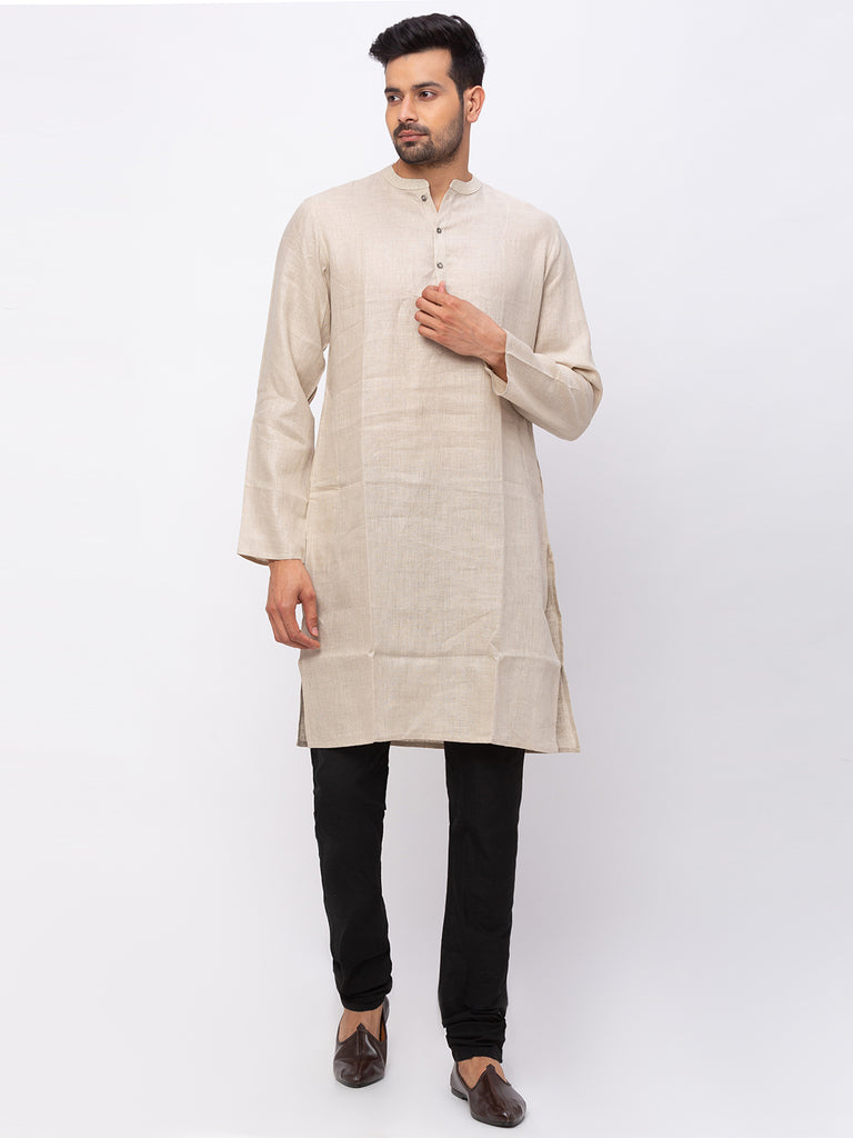 Men Straight Full Sleeve Beige Kurta