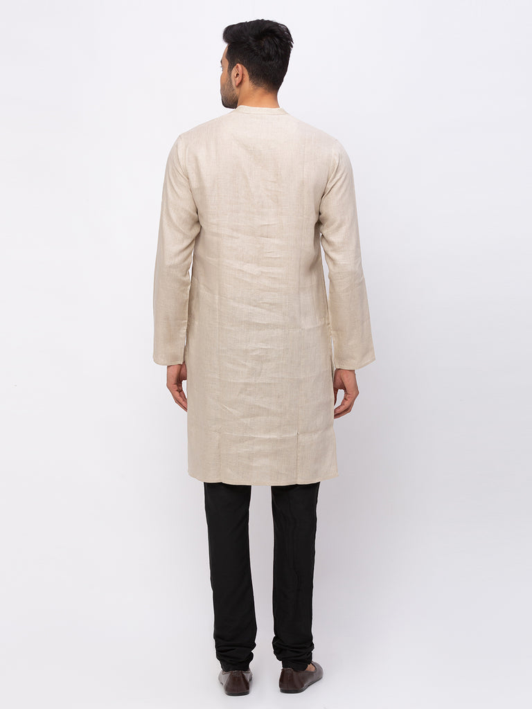 Men Straight Full Sleeve Beige Kurta