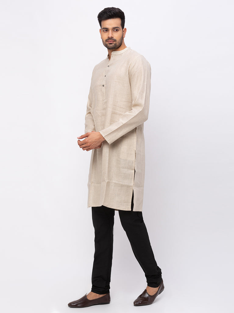 Men Straight Full Sleeve Beige Kurta