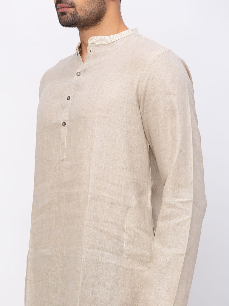 Men Straight Full Sleeve Beige Kurta