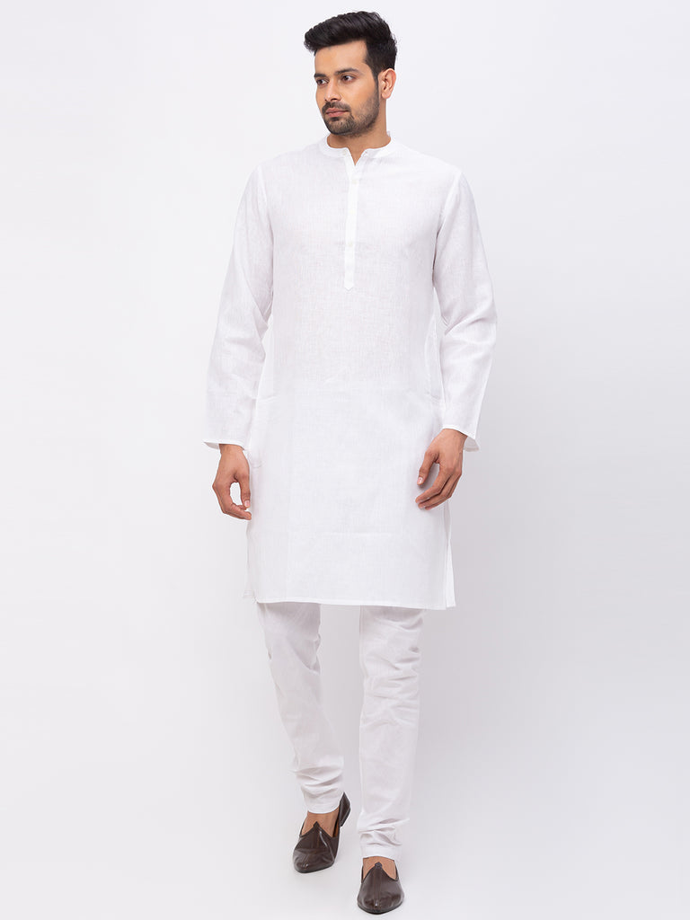 Men Straight Full Sleeve White Kurta