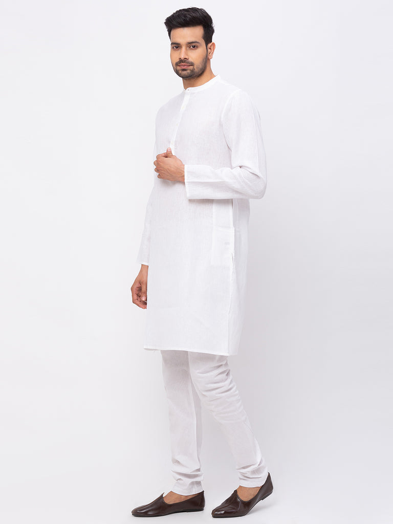 Men Straight Full Sleeve White Kurta