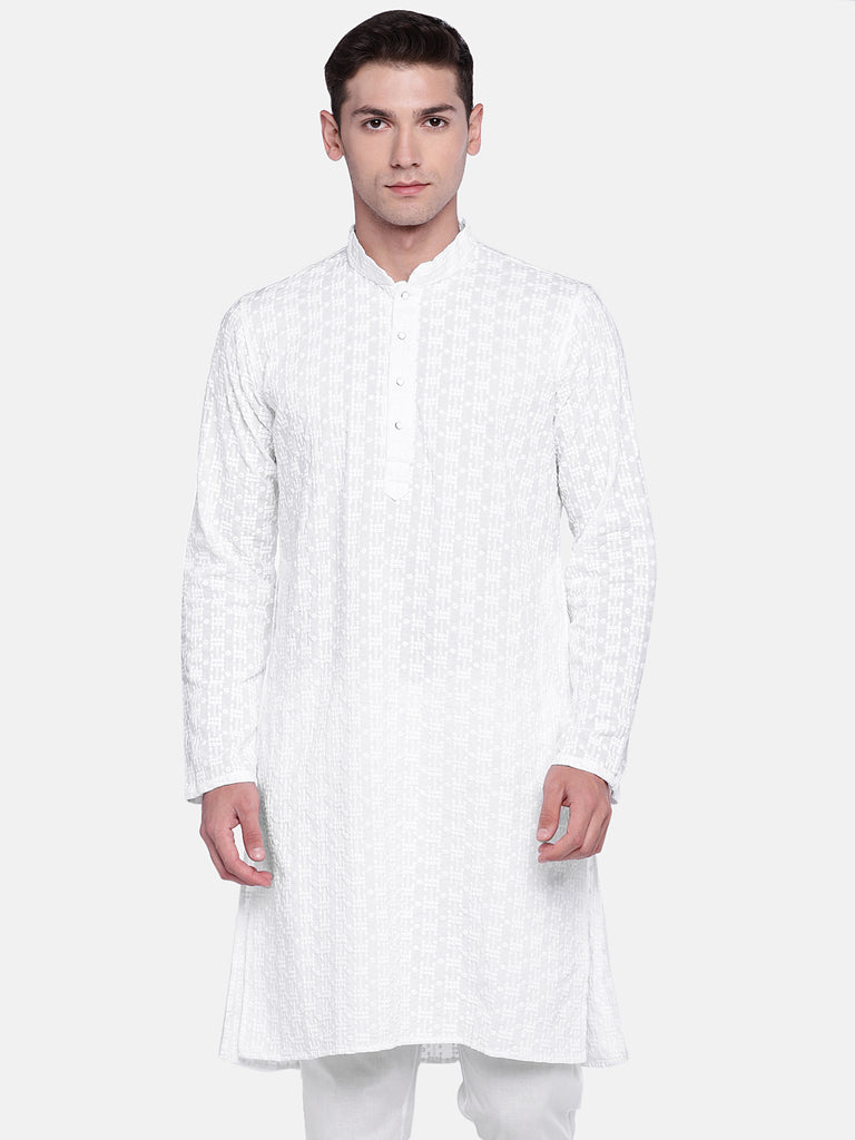 Men Straight Full Sleeve White Kurta