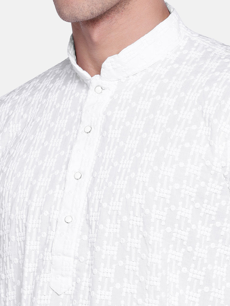 Men Straight Full Sleeve White Kurta