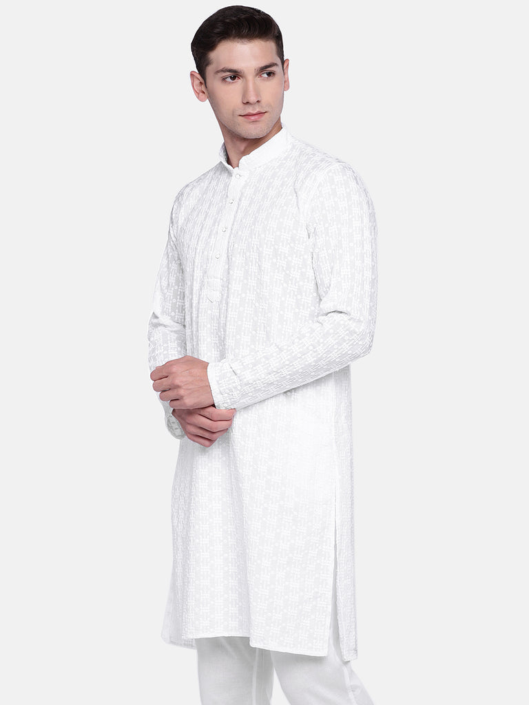 Men Straight Full Sleeve White Kurta