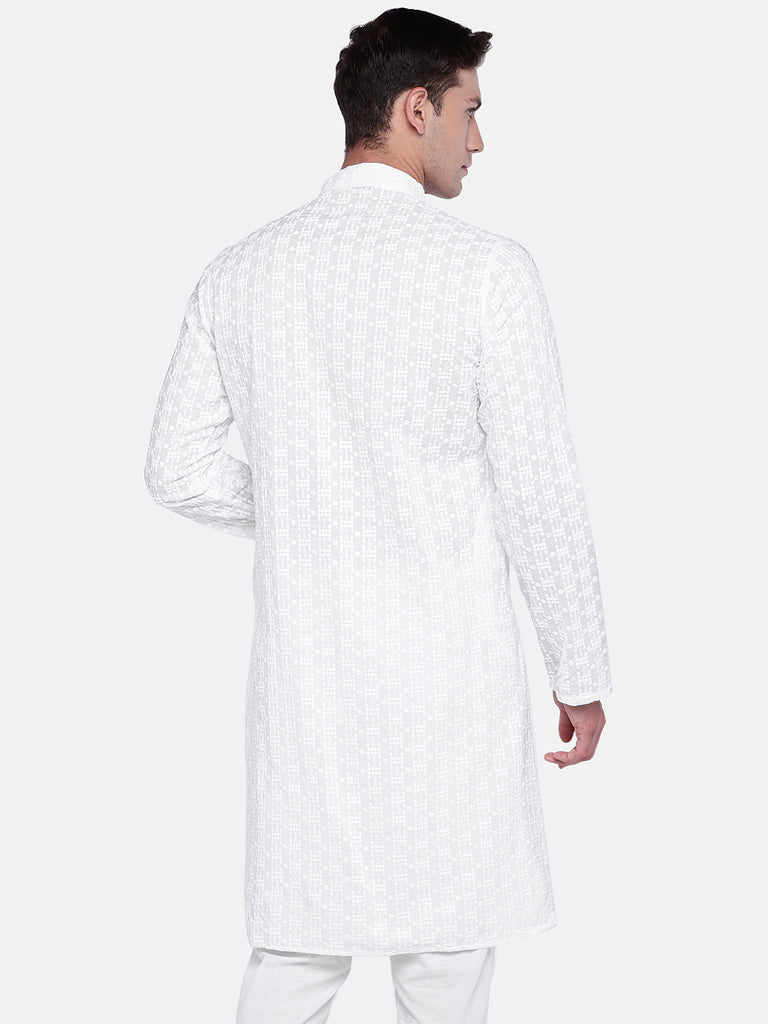 Men Straight Full Sleeve White Kurta