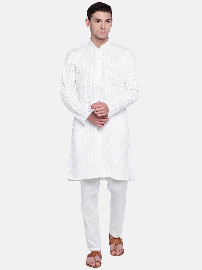 Men Straight Full Sleeve White Kurta