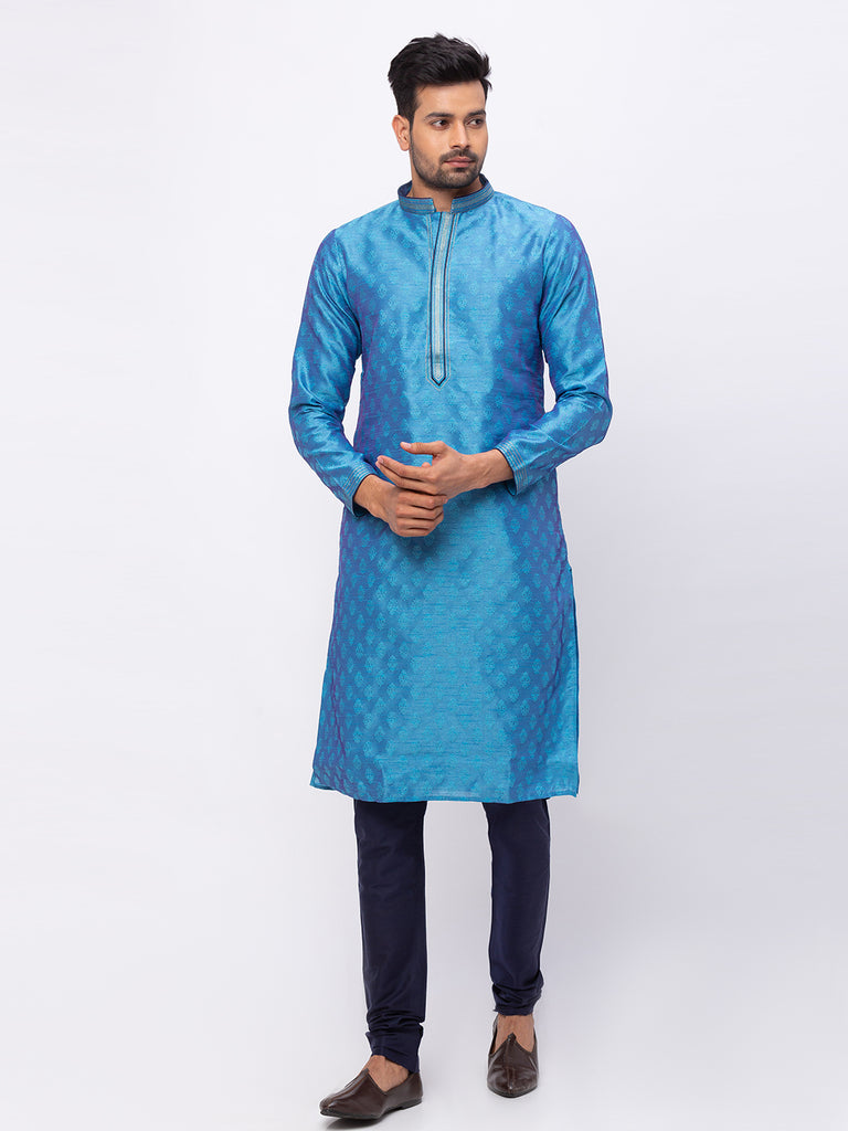 Men's Firozi Polyester Embroidered Kurta Pyjama