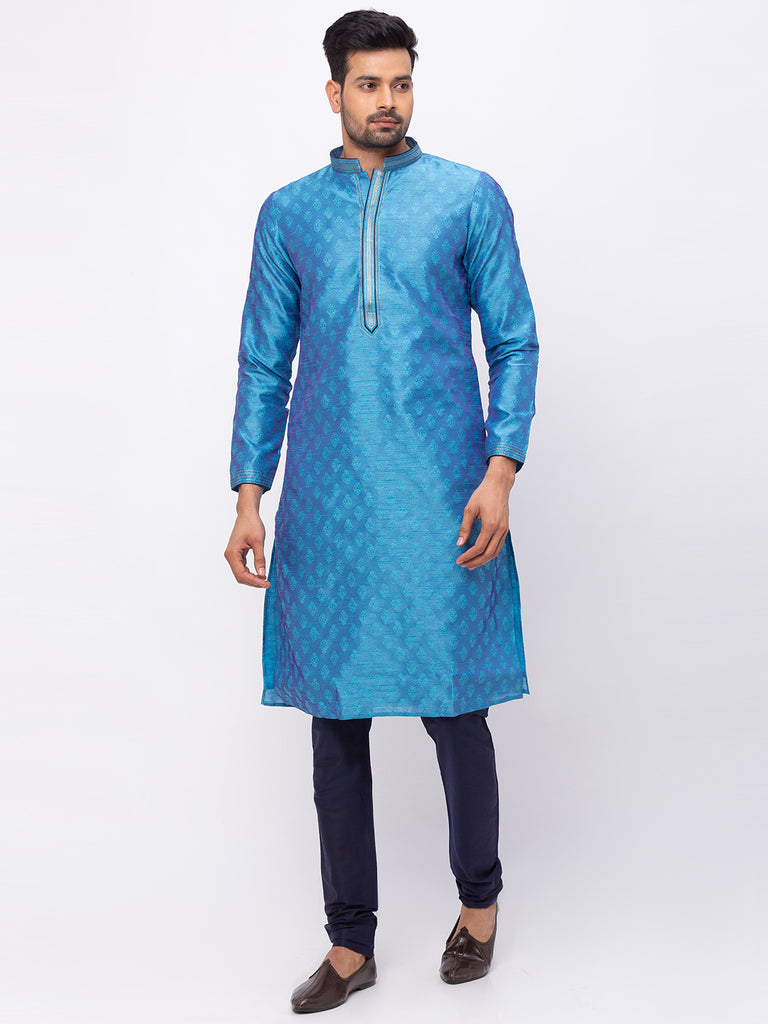 Men's Firozi Polyester Embroidered Kurta Pyjama