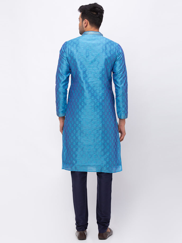 Men's Firozi Polyester Embroidered Kurta Pyjama
