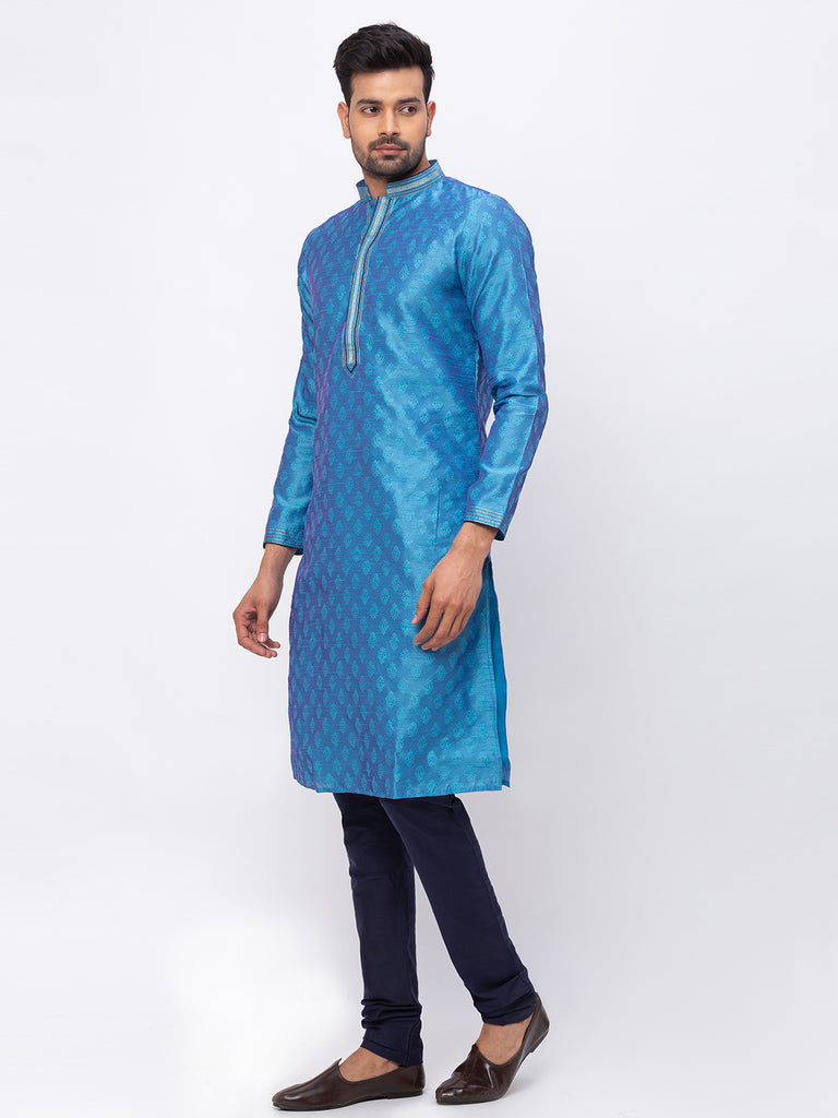 Men's Firozi Polyester Embroidered Kurta Pyjama