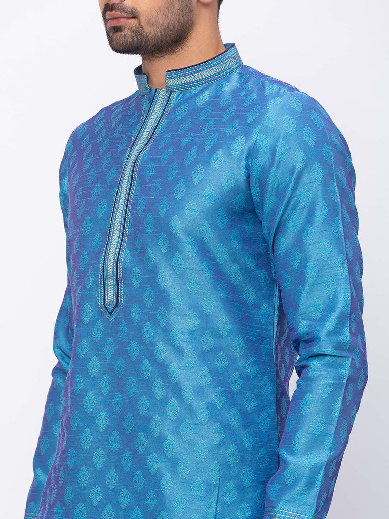 Men's Firozi Polyester Embroidered Kurta Pyjama