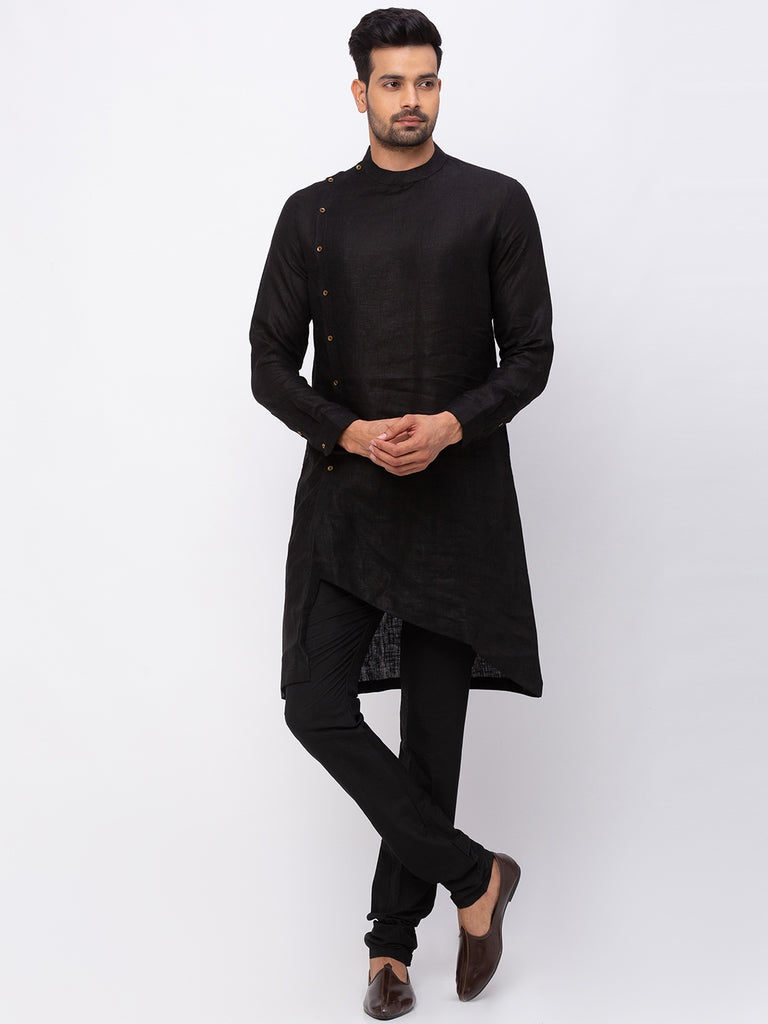 Men Asymmteric Full Sleeve Black Kurta