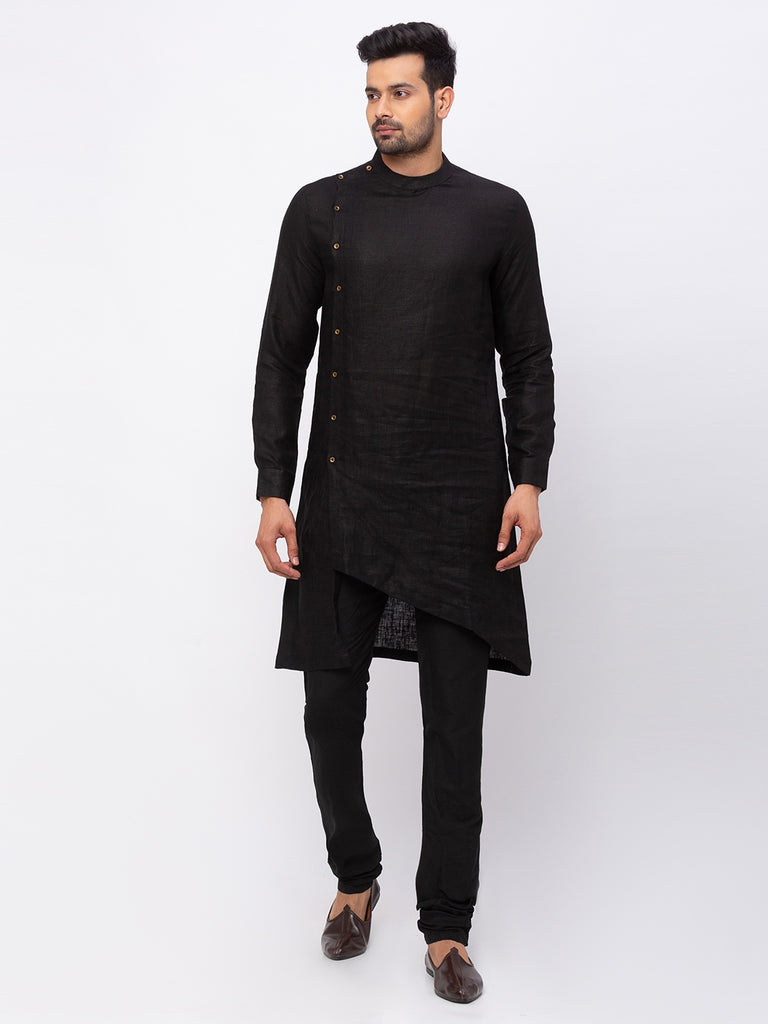 Men Asymmteric Full Sleeve Black Kurta
