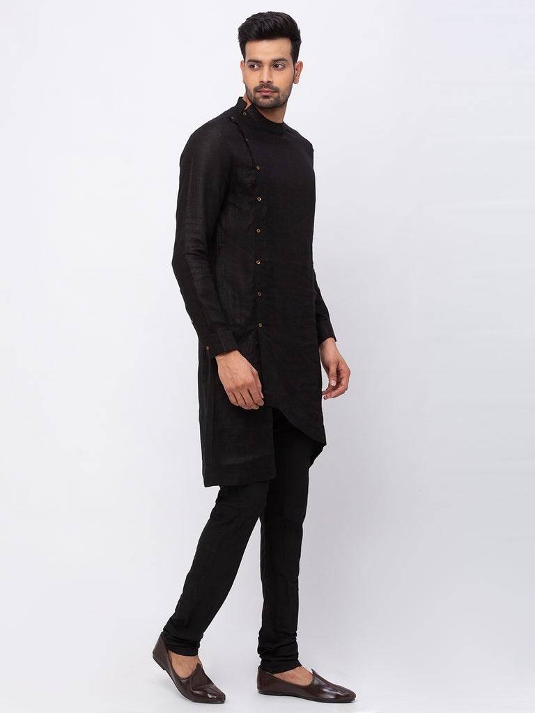 Men Asymmteric Full Sleeve Black Kurta