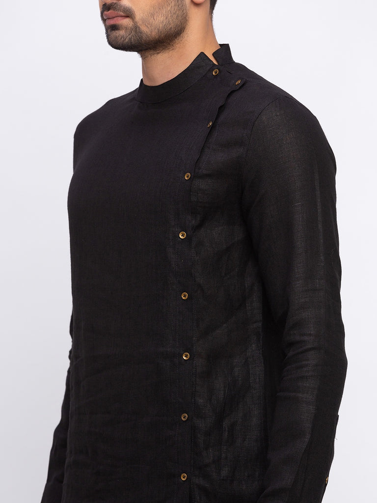 Men Asymmteric Full Sleeve Black Kurta