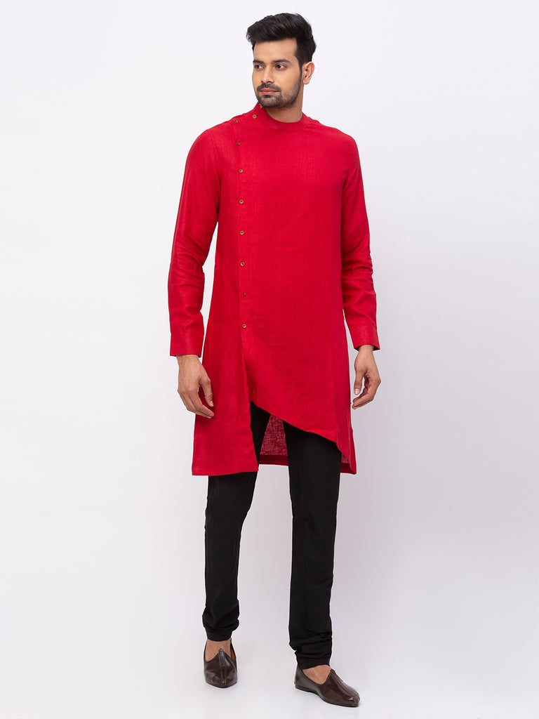 Men Asymmteric Full Sleeve Crimson Red Kurta