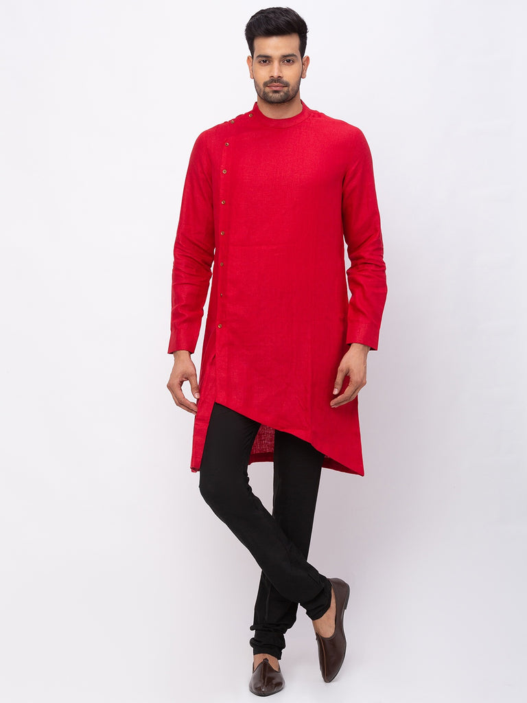 Men Asymmteric Full Sleeve Crimson Red Kurta
