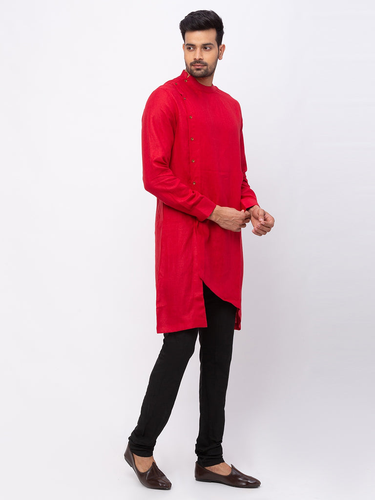 Men Asymmteric Full Sleeve Crimson Red Kurta