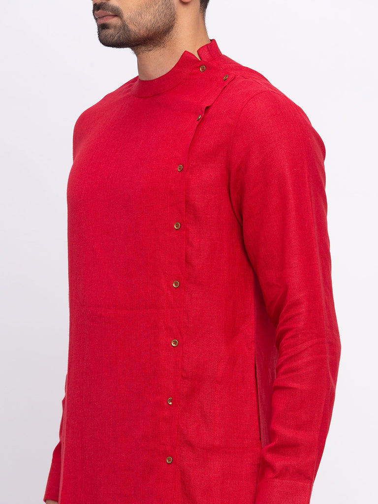 Men Asymmteric Full Sleeve Crimson Red Kurta
