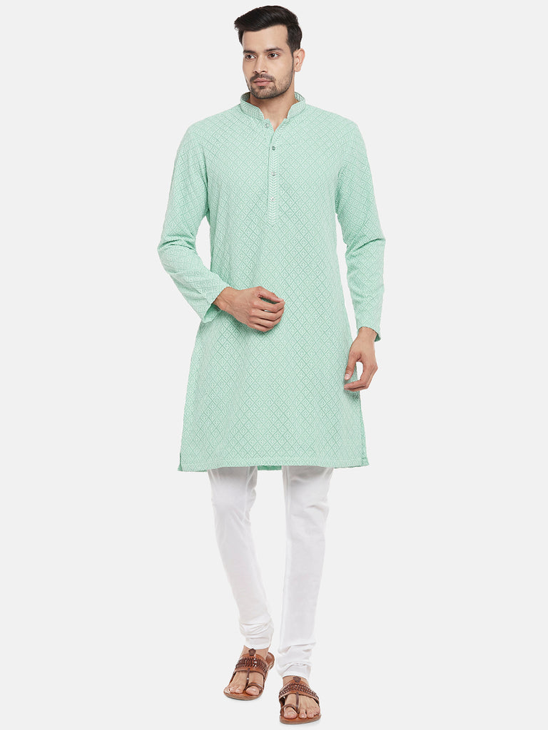 Georgette Full Sleeve Straight Men Sap Green Kp Set