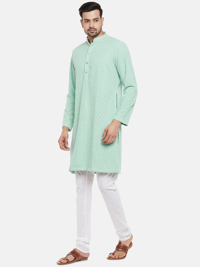Georgette Full Sleeve Straight Men Sap Green Kp Set