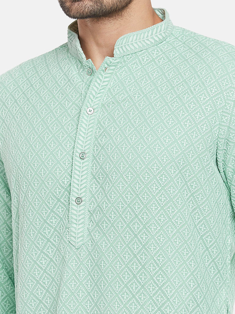 Georgette Full Sleeve Straight Men Sap Green Kp Set