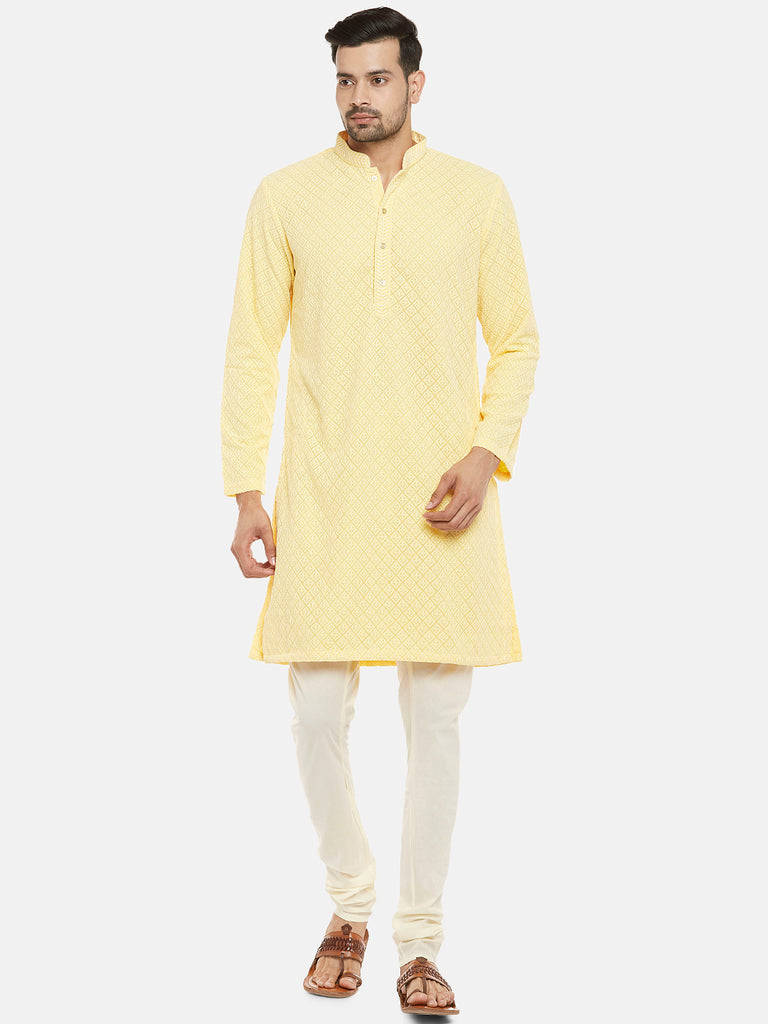 Georgette Full Sleeve Straight Men Yellow Kp Set