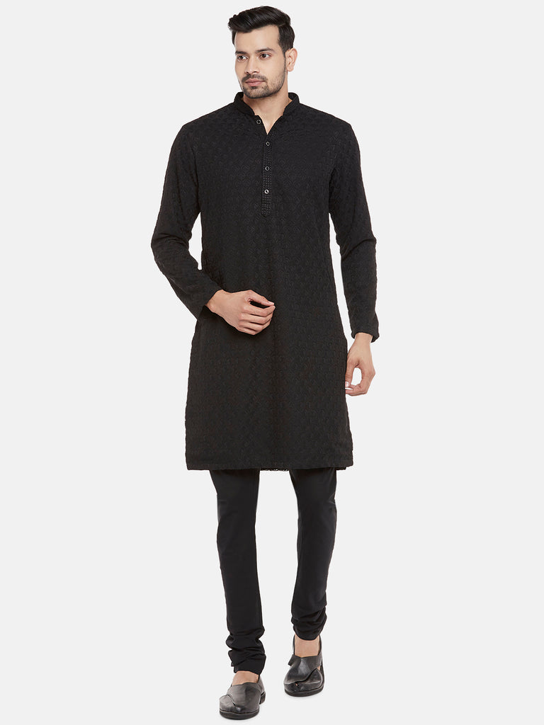Georgette Full Sleeve Straight Men Black Kp Set