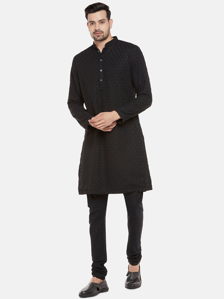 Georgette Full Sleeve Straight Men Black Kp Set