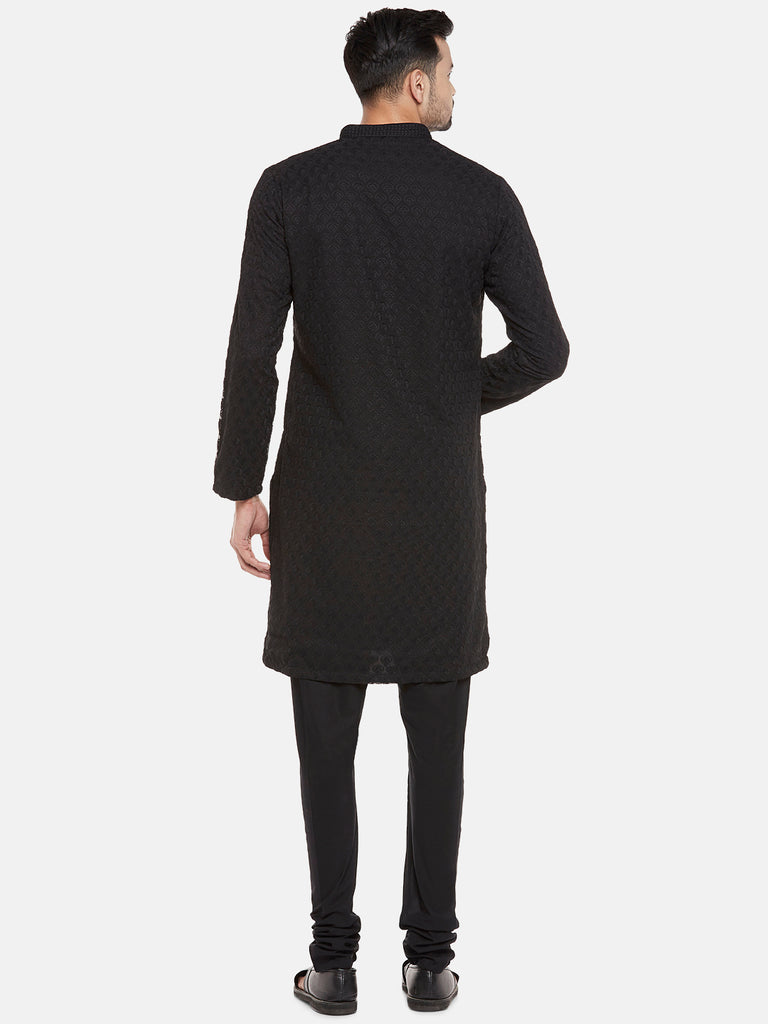 Georgette Full Sleeve Straight Men Black Kp Set