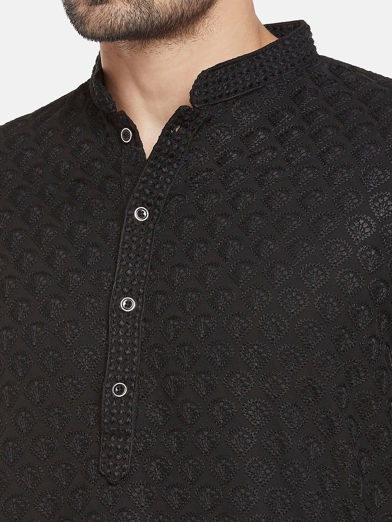 Georgette Full Sleeve Straight Men Black Kp Set