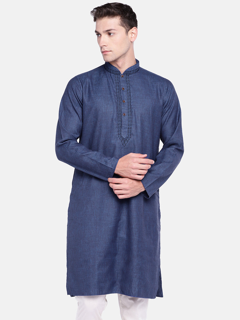 Men Straight Full Sleeve Blue Kurta