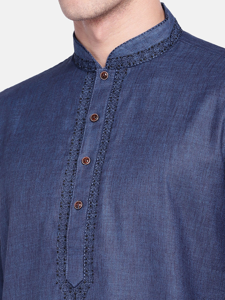 Men Straight Full Sleeve Blue Kurta