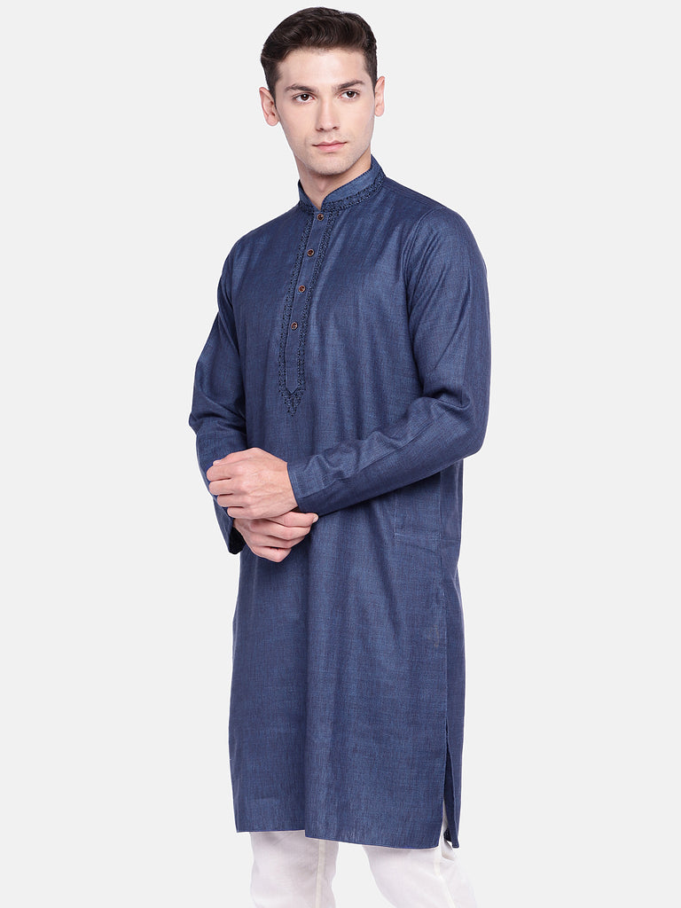Men Straight Full Sleeve Blue Kurta