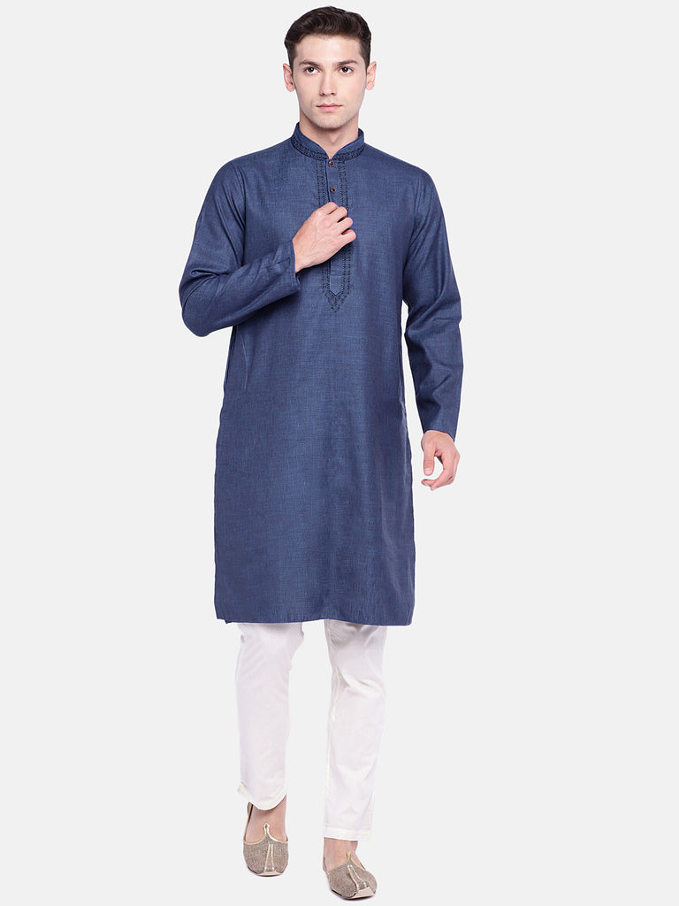 Men Straight Full Sleeve Blue Kurta