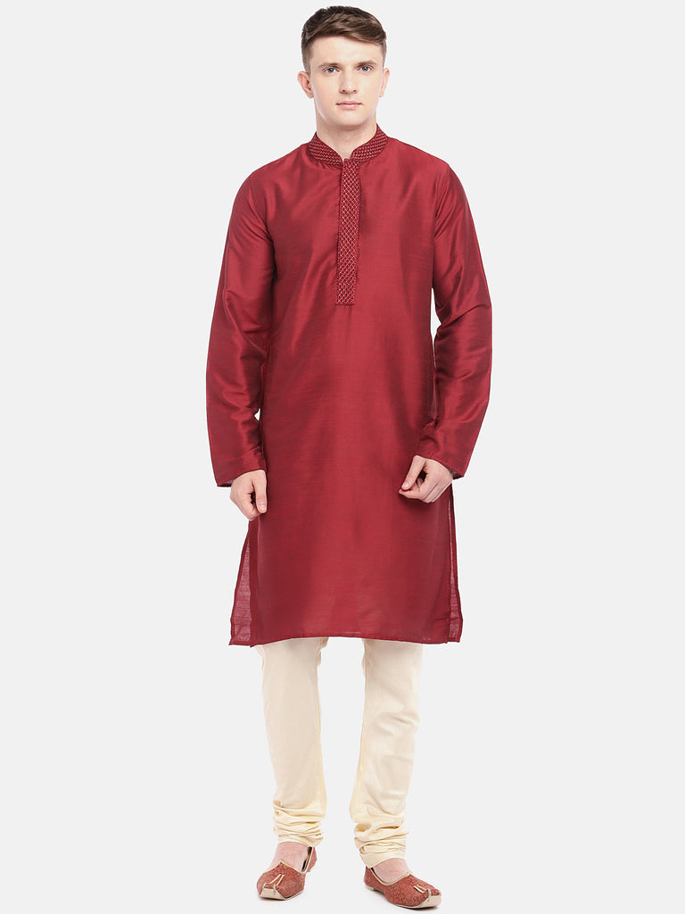 Men Straight Full Sleeve Maroon Kurta