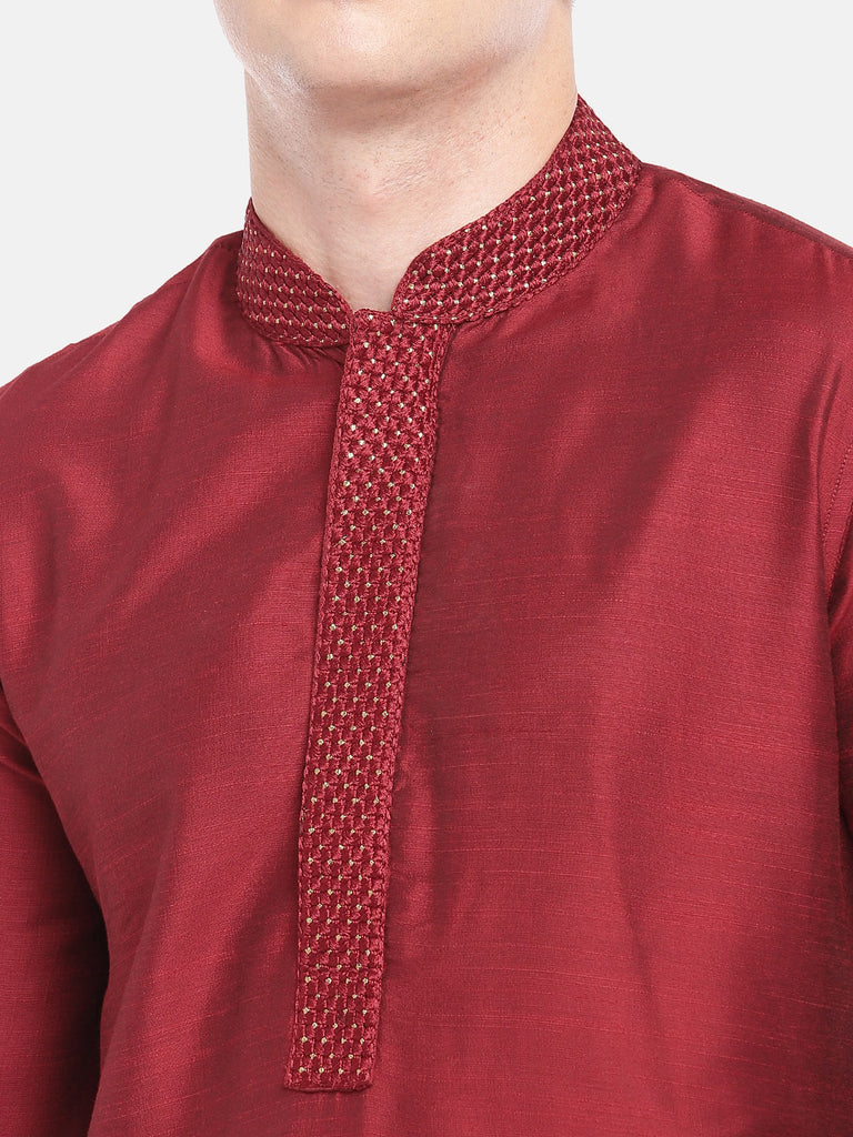 Men Straight Full Sleeve Maroon Kurta