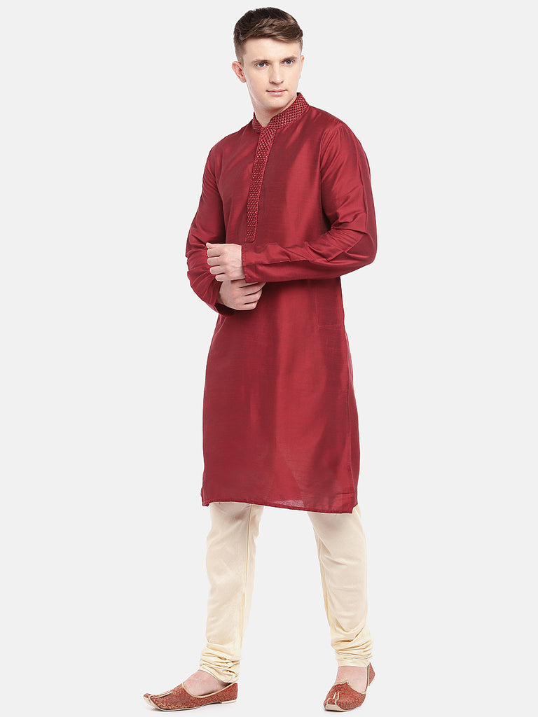 Men Straight Full Sleeve Maroon Kurta