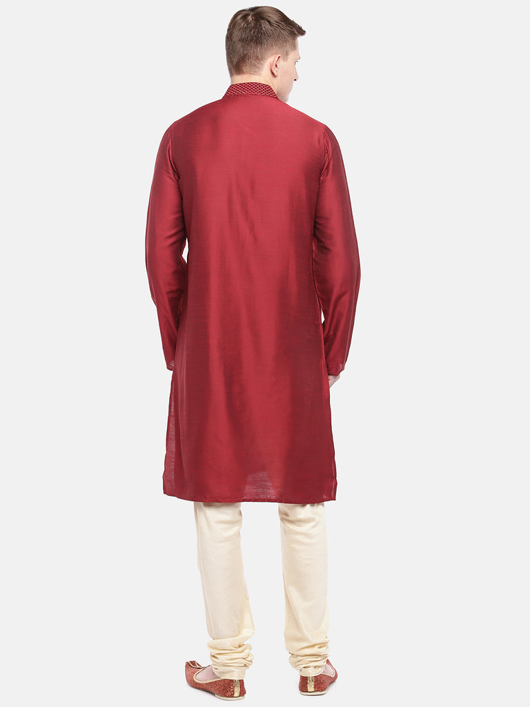 Men Straight Full Sleeve Maroon Kurta