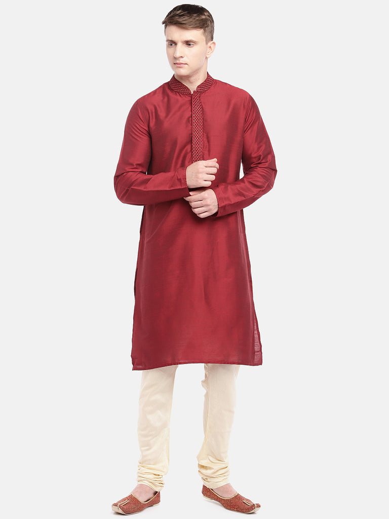 Men Straight Full Sleeve Maroon Kurta